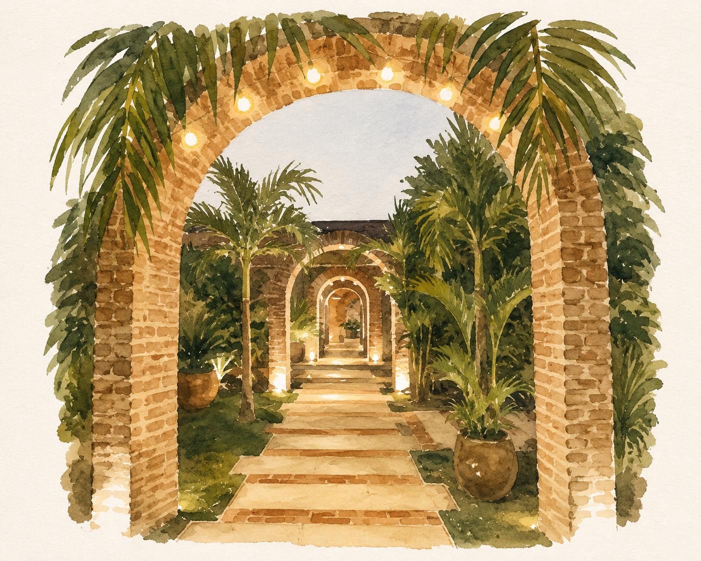 Acuarela de un pasillo de arcos de ladrillo con palmeras y luces.
