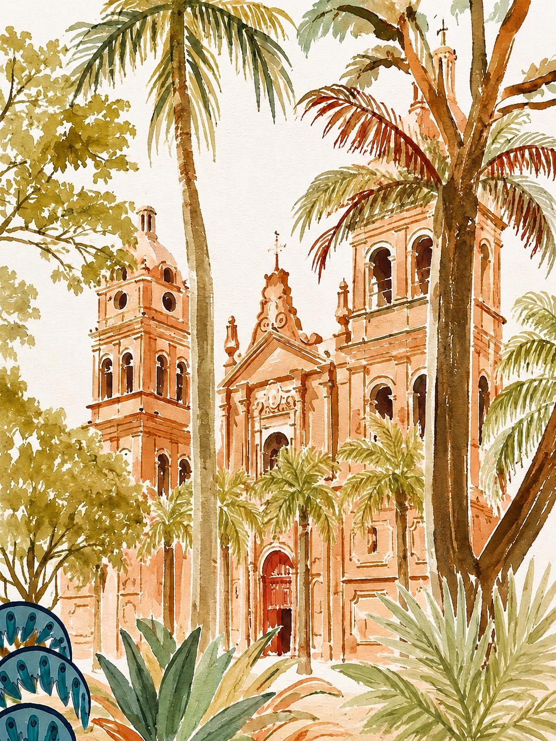 Acuarela de la Catedral de San Lorenzo entre palmeras.